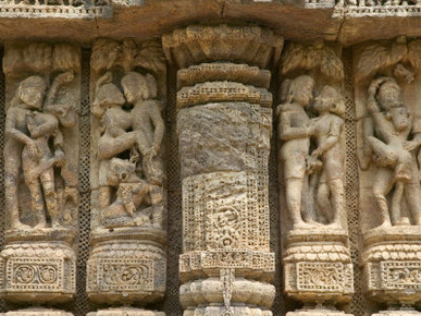 Details of Bas Relief of Couples with Erotic Wheel, Sun Temple, Konark, Orissa, India